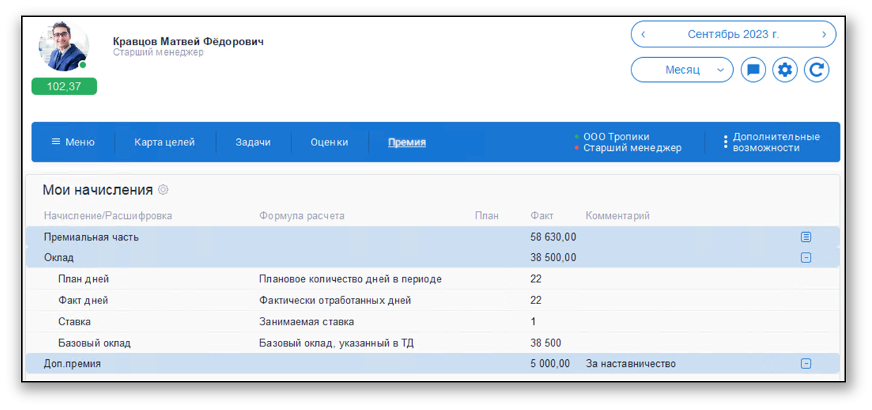 Страница с детализацией начислений в системе 1С:Управление по целям и KPI