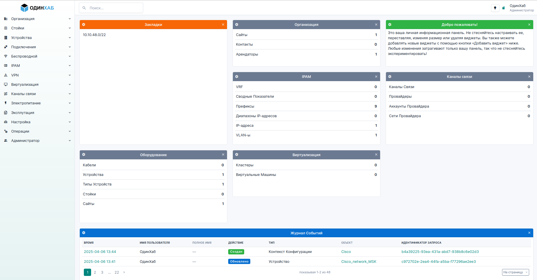 Обзор структуры сетевой инфраструктуры и журнал событий администрирования в панели управления системы ОдинХаб