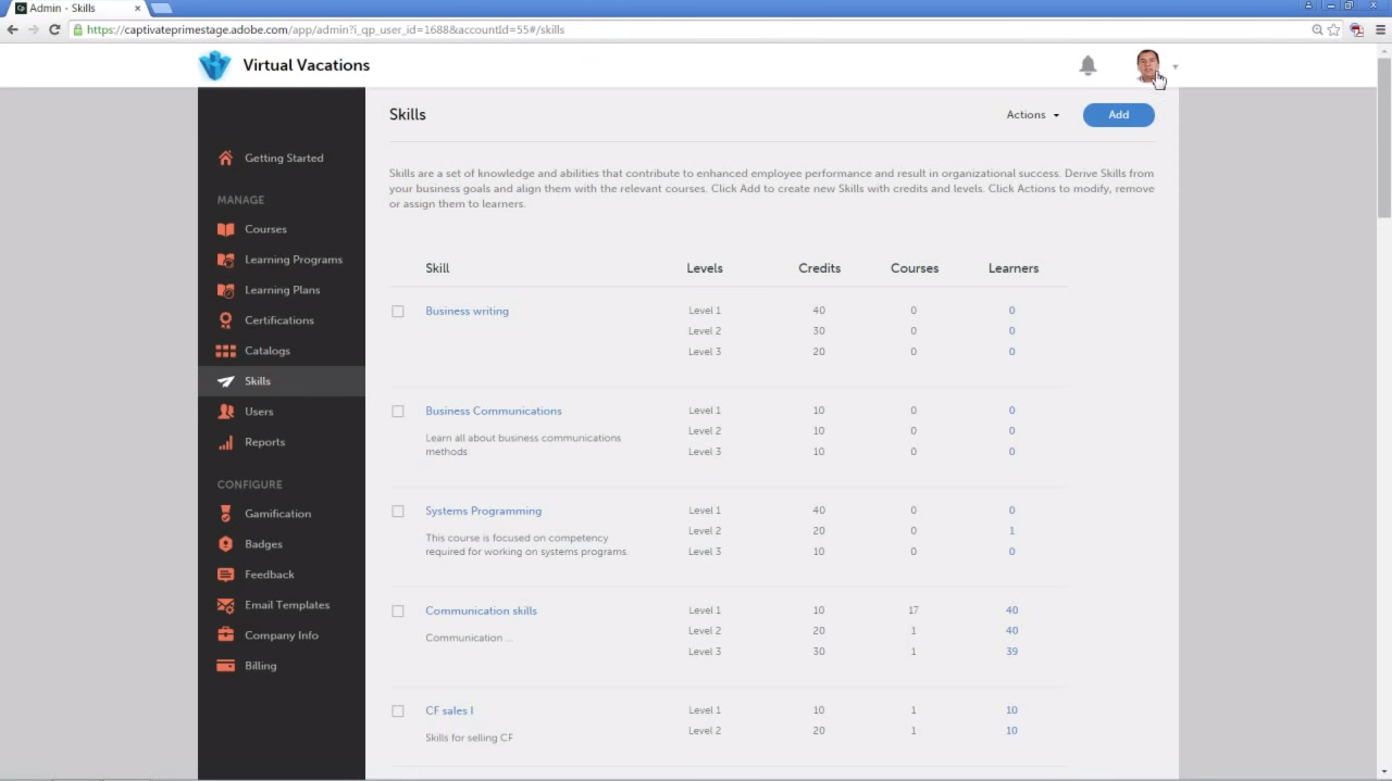 Просмотр набора компетенций в образовательном программном обеспечении Adobe Learning Manager