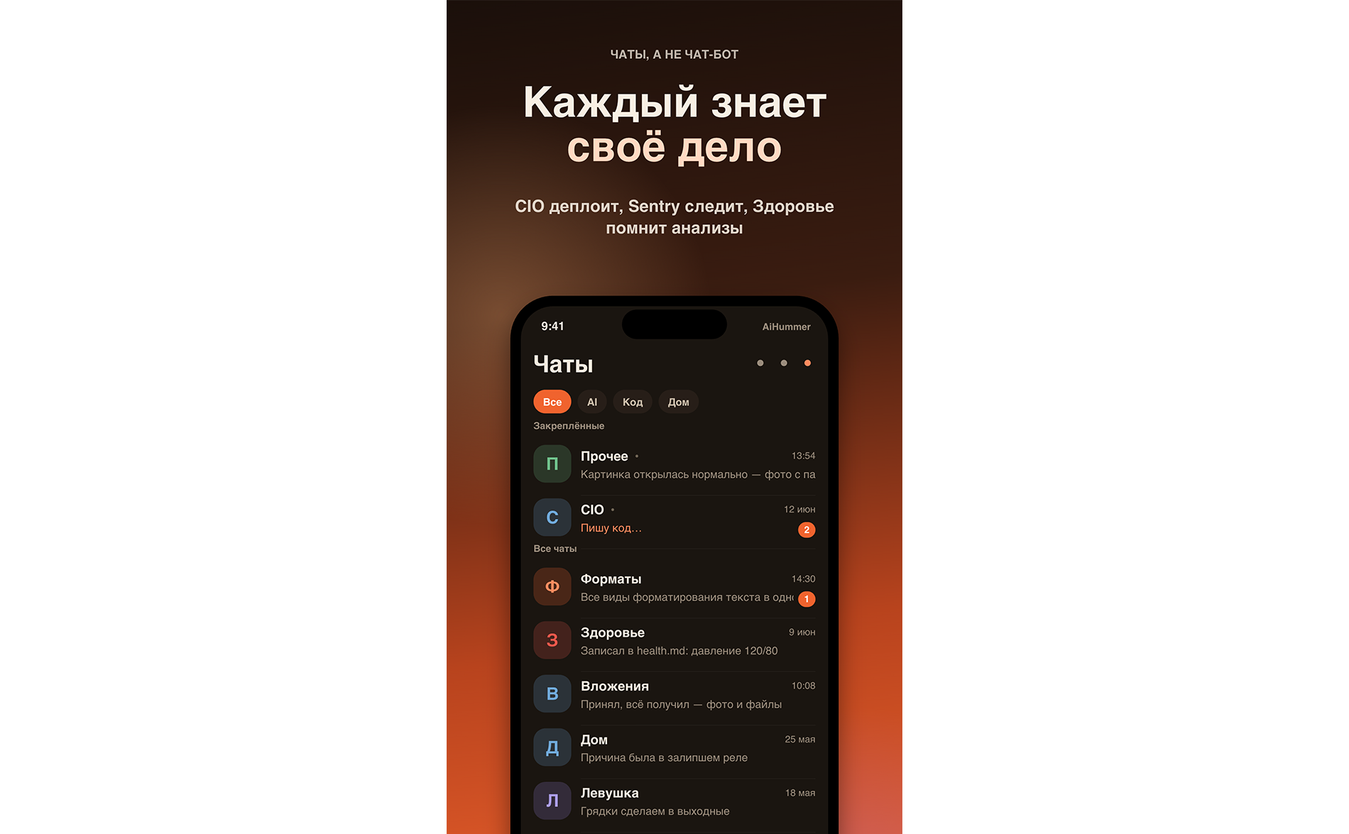 Организация тематической коммуникации по рабочим и личным задачам в чатах платформы AiHummer