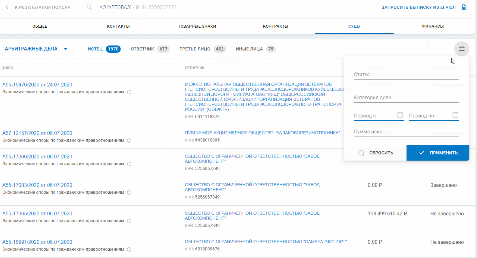 Анализ арбитражных дел контрагента с детализацией истцов/ответчиков в сервисе Астрал.СКРИН