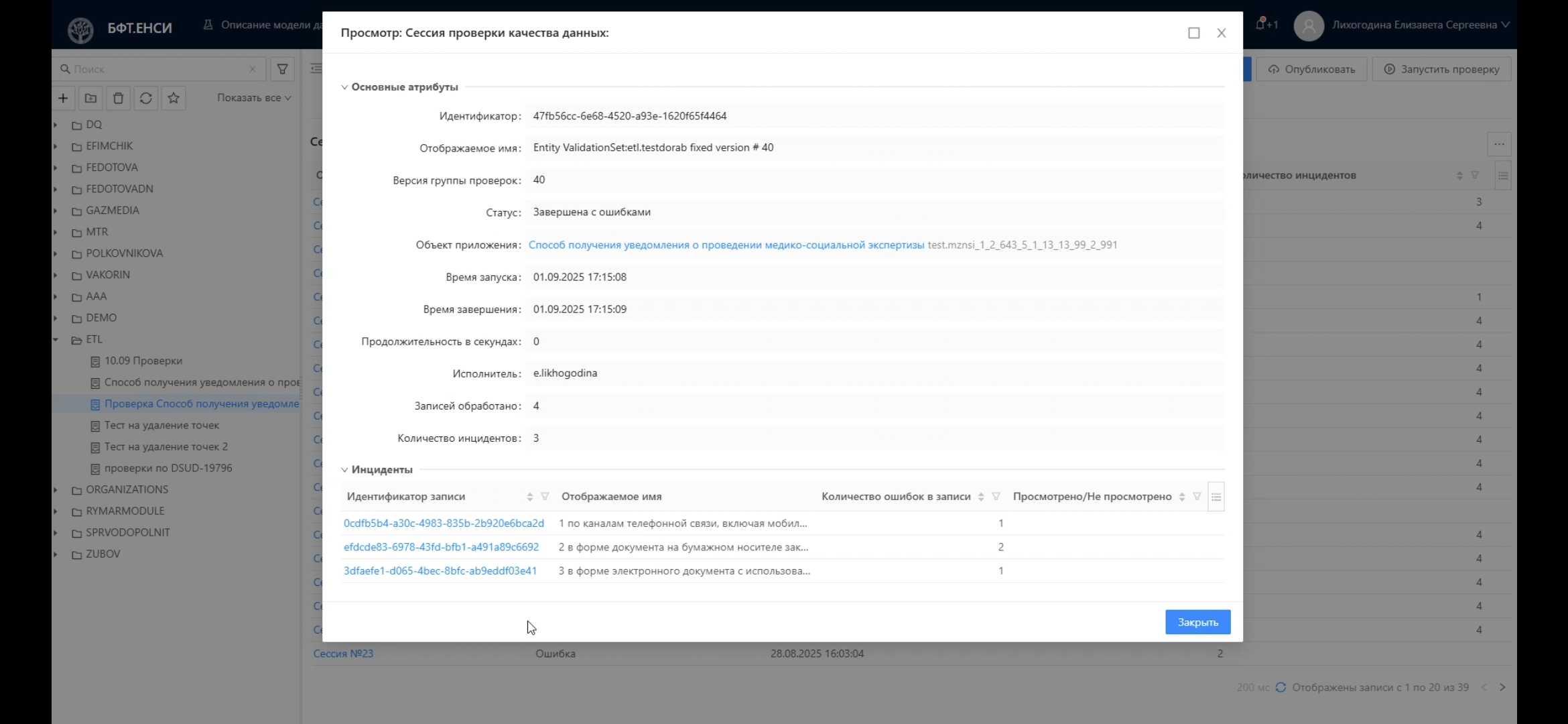 Анализ результатов проверки качества данных и выявленных инцидентов в программном продукте БФТ.ЕНСИ