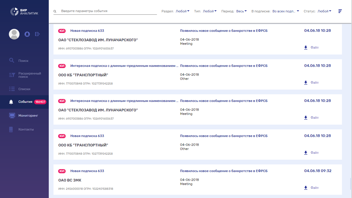 Мониторинг сообщений о банкротстве контрагентов в системе проверки и оценки рисков контрагентов БИР-Аналитик