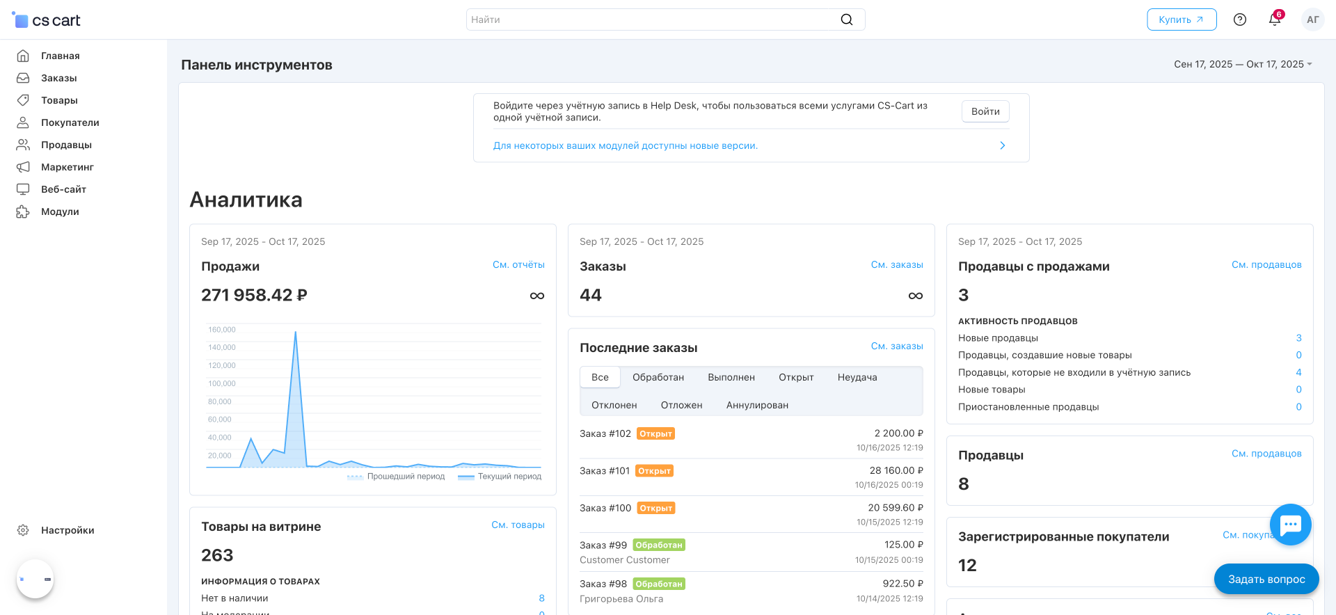 Аналитика продаж и заказов в мультивендорной платформе электронной коммерции CS-Cart Multi-Vendor