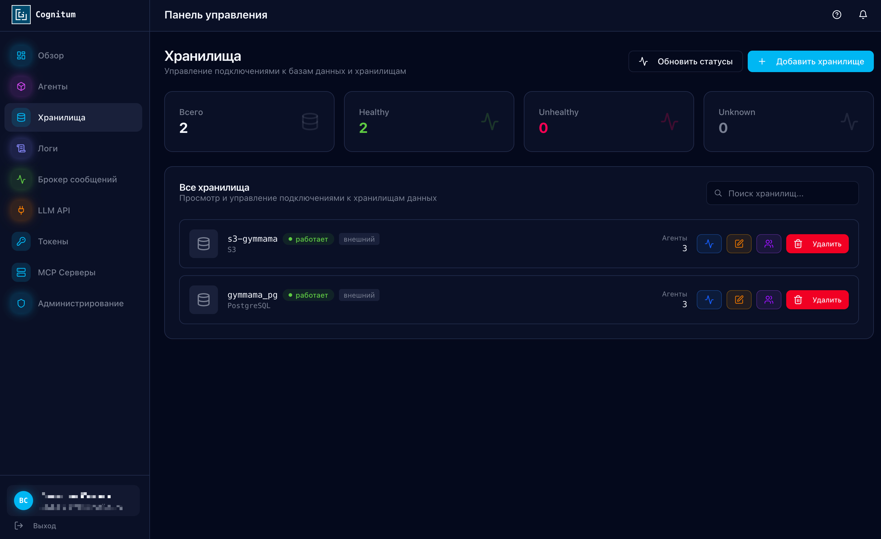 Управление подключениями к хранилищам данных (S3, PostgreSQL) в панели Когнитум