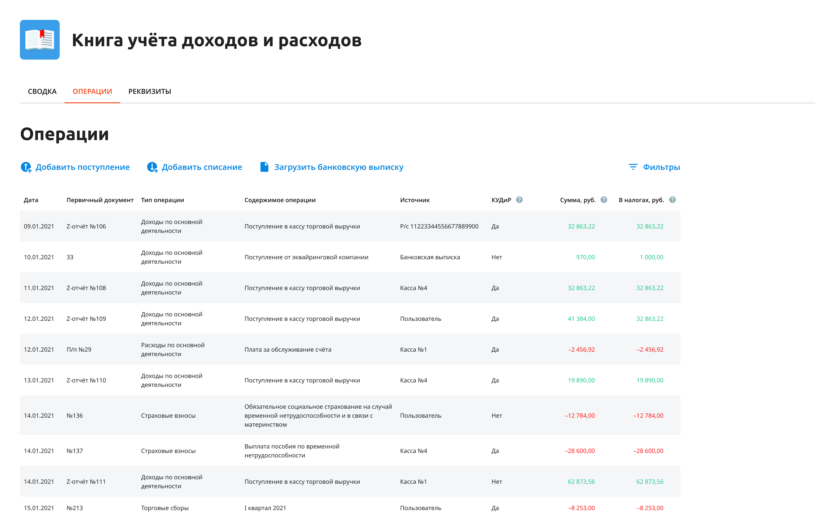Учёт и категоризация поступлений и списаний в электронной КУДиР от Эвотор