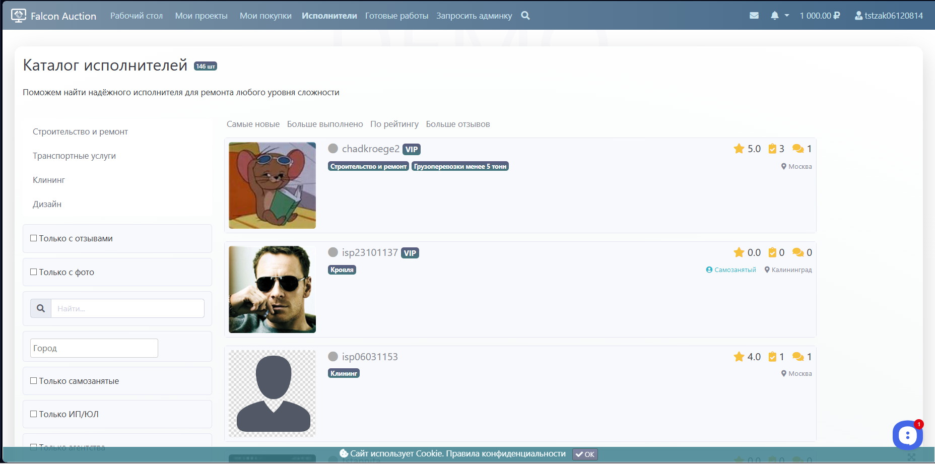 Поиск надёжного исполнителя услуг с фильтрами по отзывам и статусу в каталоге на базе веб-платформы Falcon Space