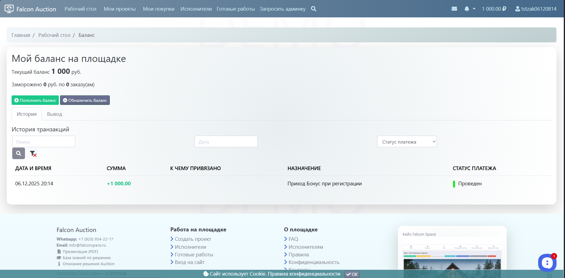 Контроль баланса и истории транзакций в личном кабинете пользователя в Falcon Auction (на базе Falcon Space)