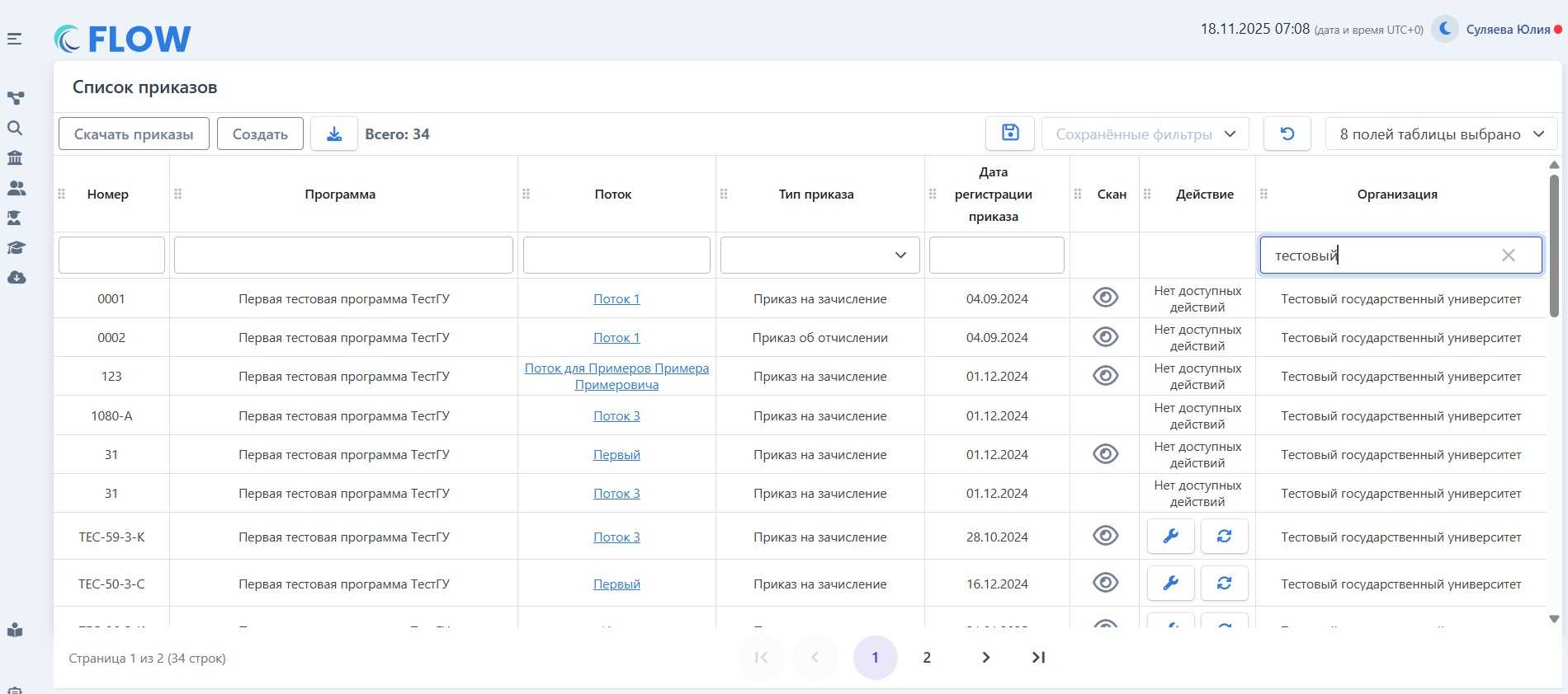 Реестр приказов в системе управления образовательными процессами Flow