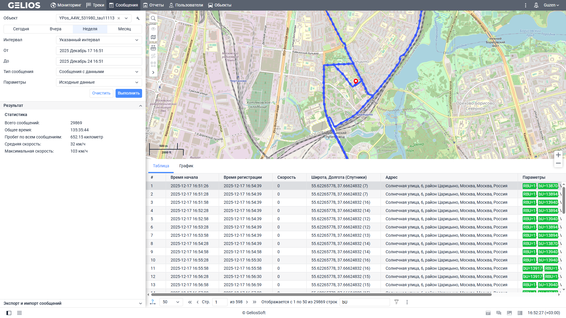 Анализ трека транспортного средства с детализацией по времени и скорости в системе спутникового мониторинга Gelios