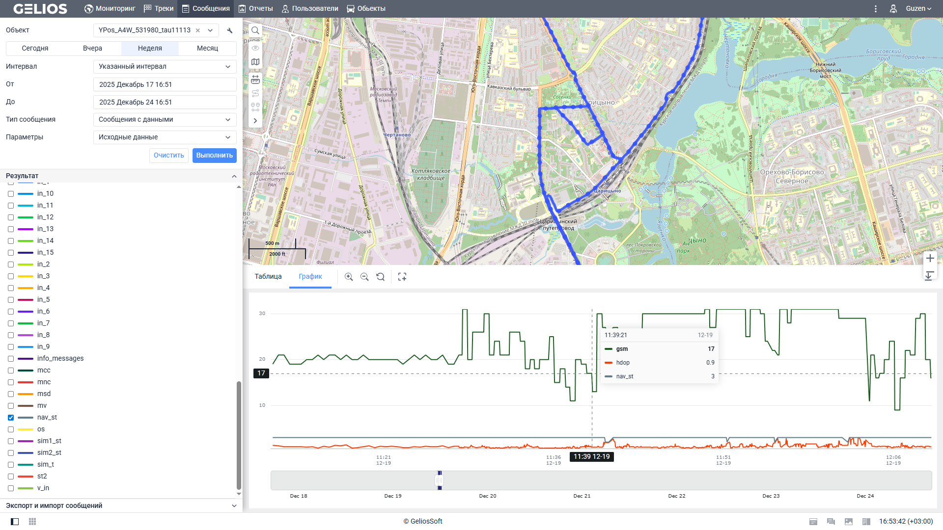 Анализ трека перемещения и параметров движения объекта на карте в программном продукте Gelios