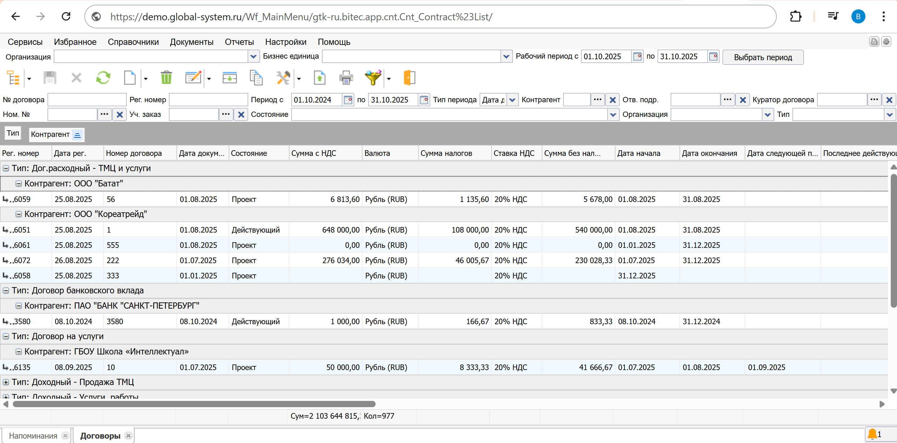 Управление договорной деятельностью в модуле документооборота системы Global ERP от Бизнес Технологии