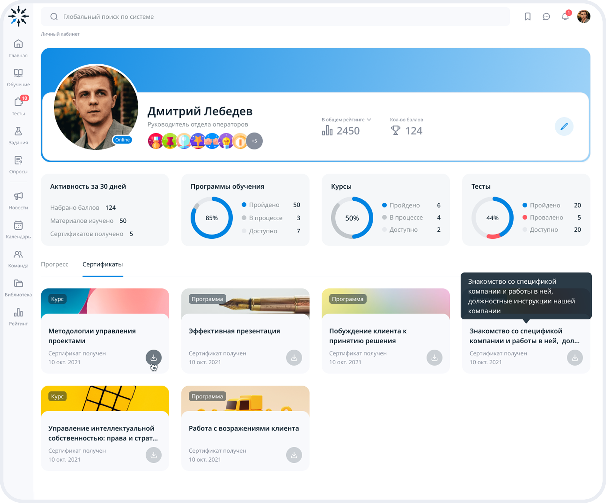 Профиль сотрудника с рейтингом и баллами в корпоративной системе управления обучением ГРАН
