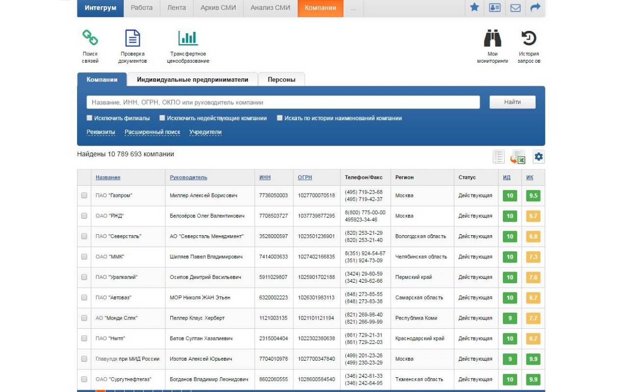 Поиск компании по ИНН/ОГРН с анализом реквизитов и статуса в ИАС БДКО Интегрум Компании от Интегрум