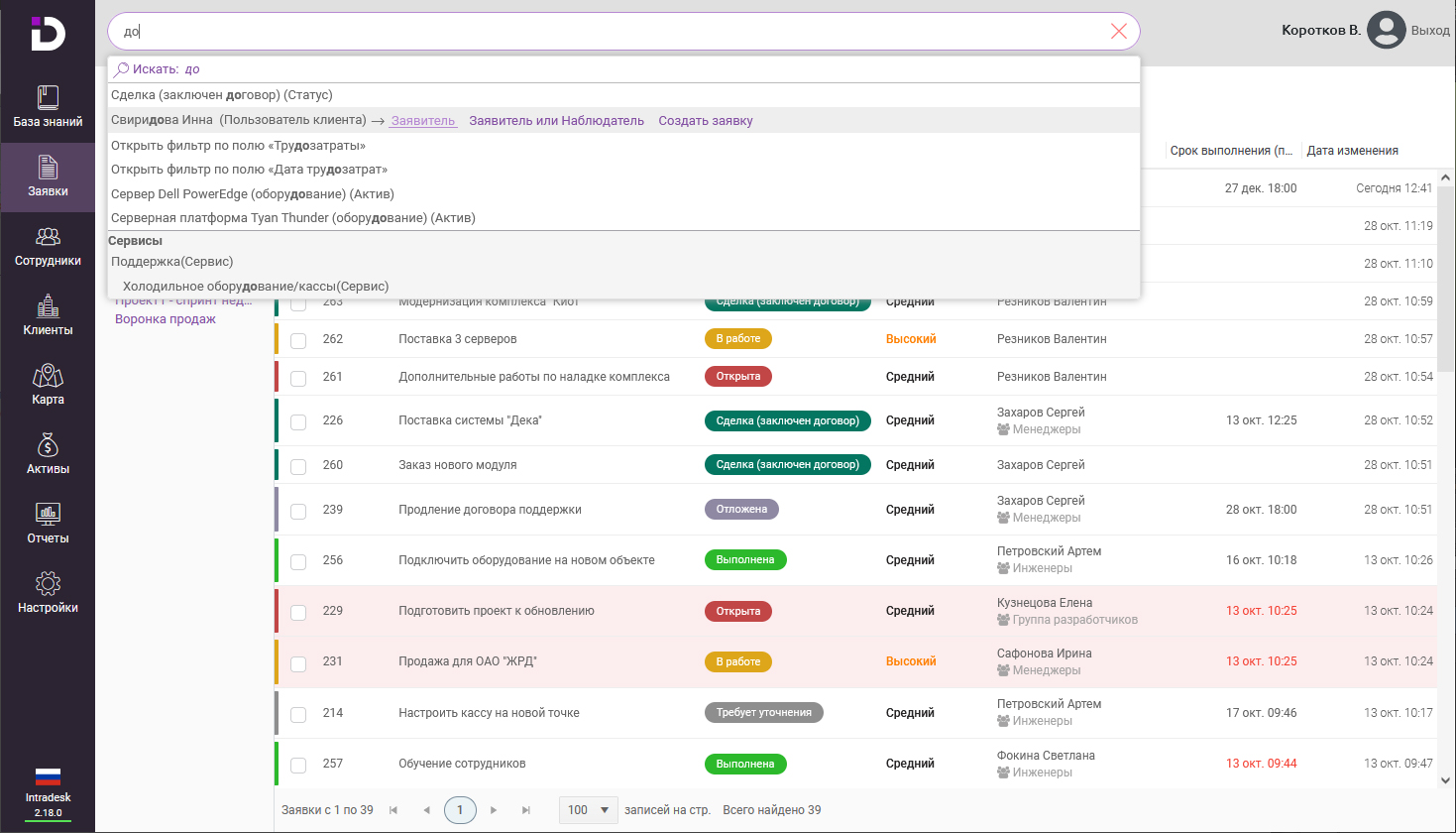 Мониторинг статуса заявок в модуле «Заявки» программного обеспечения Intradesk