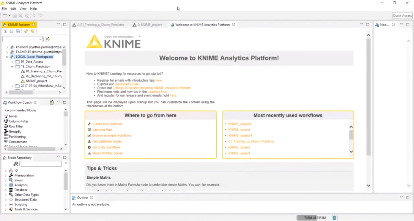 Страница начала работы в аналитическом программном продукте KNIME Analytics Platform
