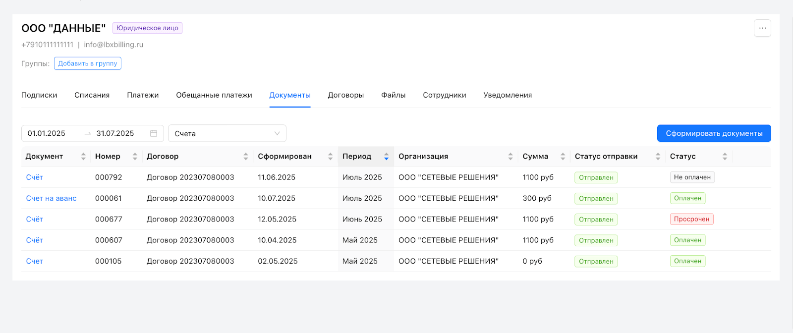 Анализ истории счетов с указанием периодов и статусов в LBX Биллинг