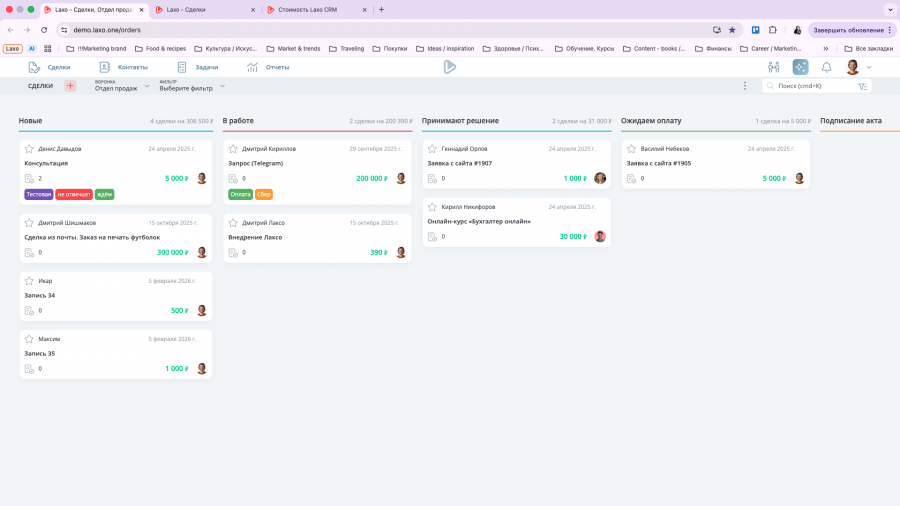 Визуализация статусов и сумм сделок в воронке продаж в CRM‑системе Laxo