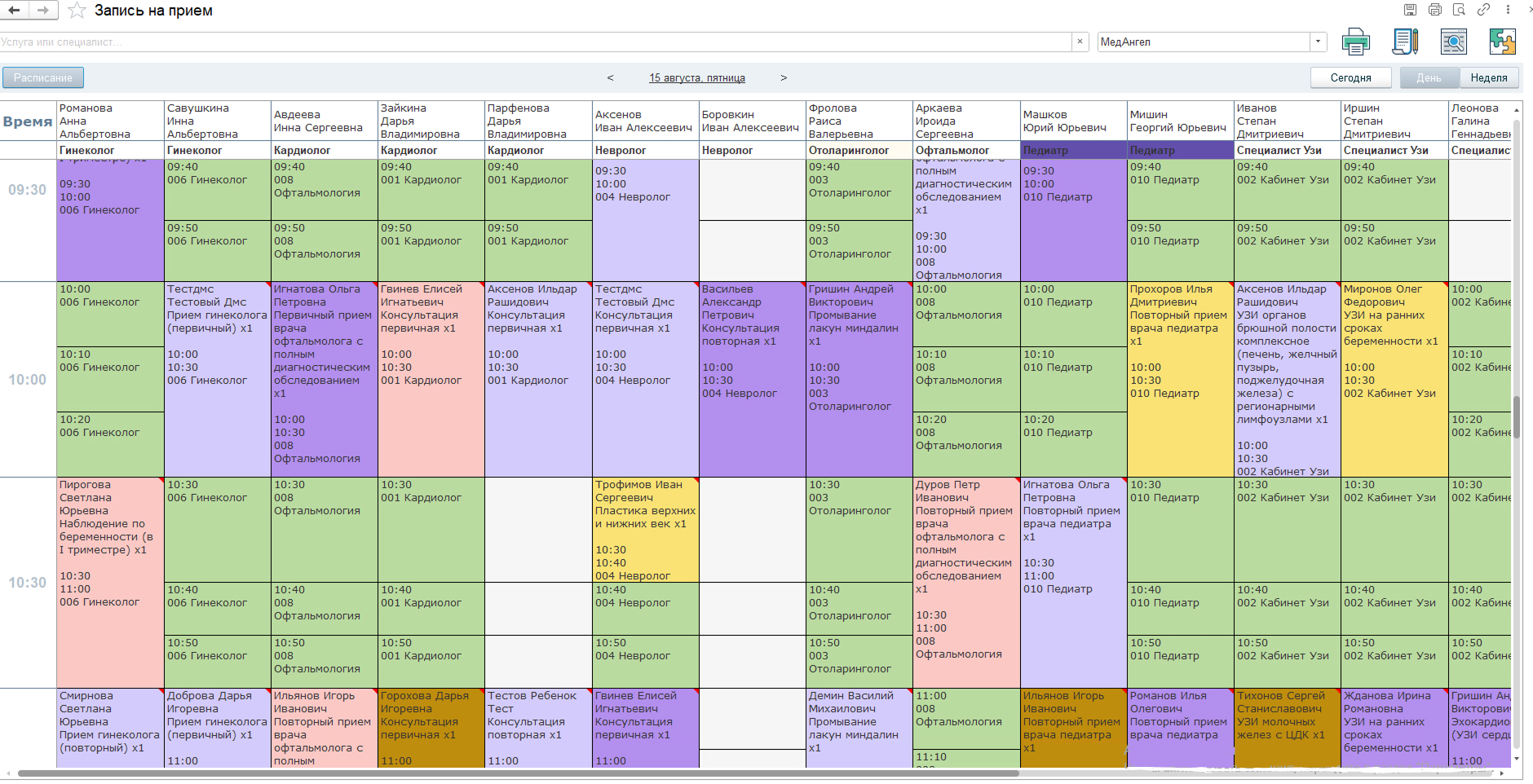Визуализация графика работы врачей и записи пациентов в системе МедАнгел от разработчика Ангелы АйТи