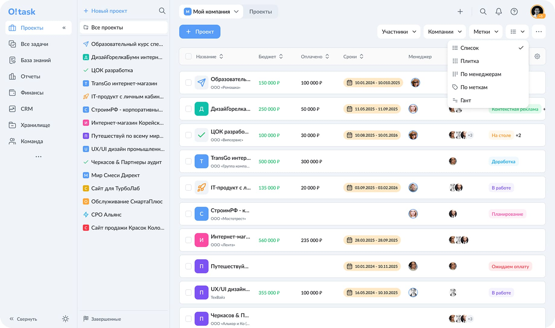 Управление задачами и проектами в программном обеспечении O!task