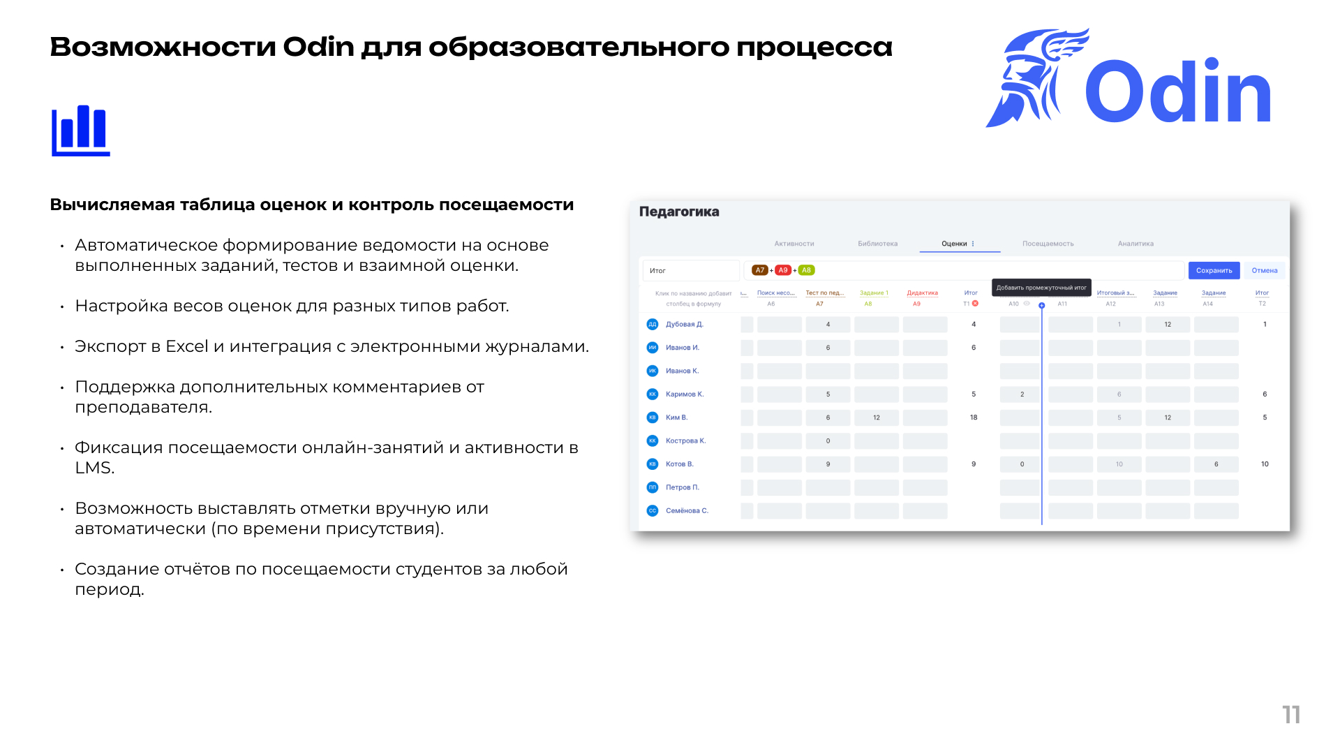 Вычисляемая таблица оценок и контроль посещаемости в программном продукте Один