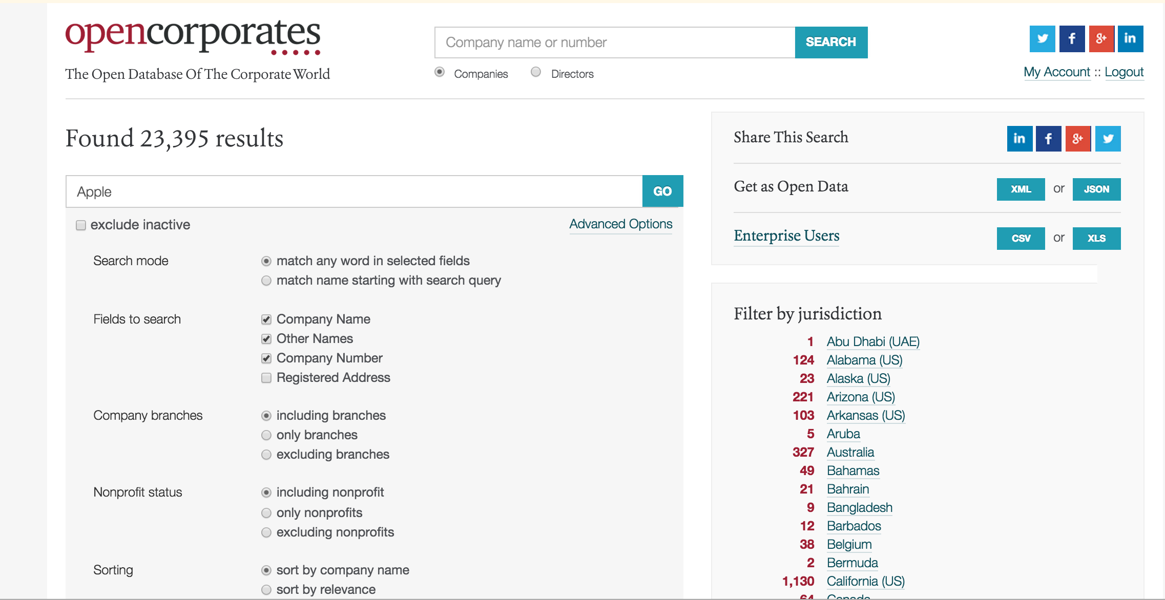Поиск компаний по названию с фильтрацией по юрисдикциям в системе анализа корпоративных данных OpenCorporates