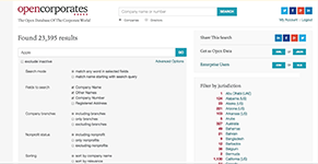 Поиск компаний по названию с фильтрацией по юрисдикциям в системе анализа корпоративных данных OpenCorporates