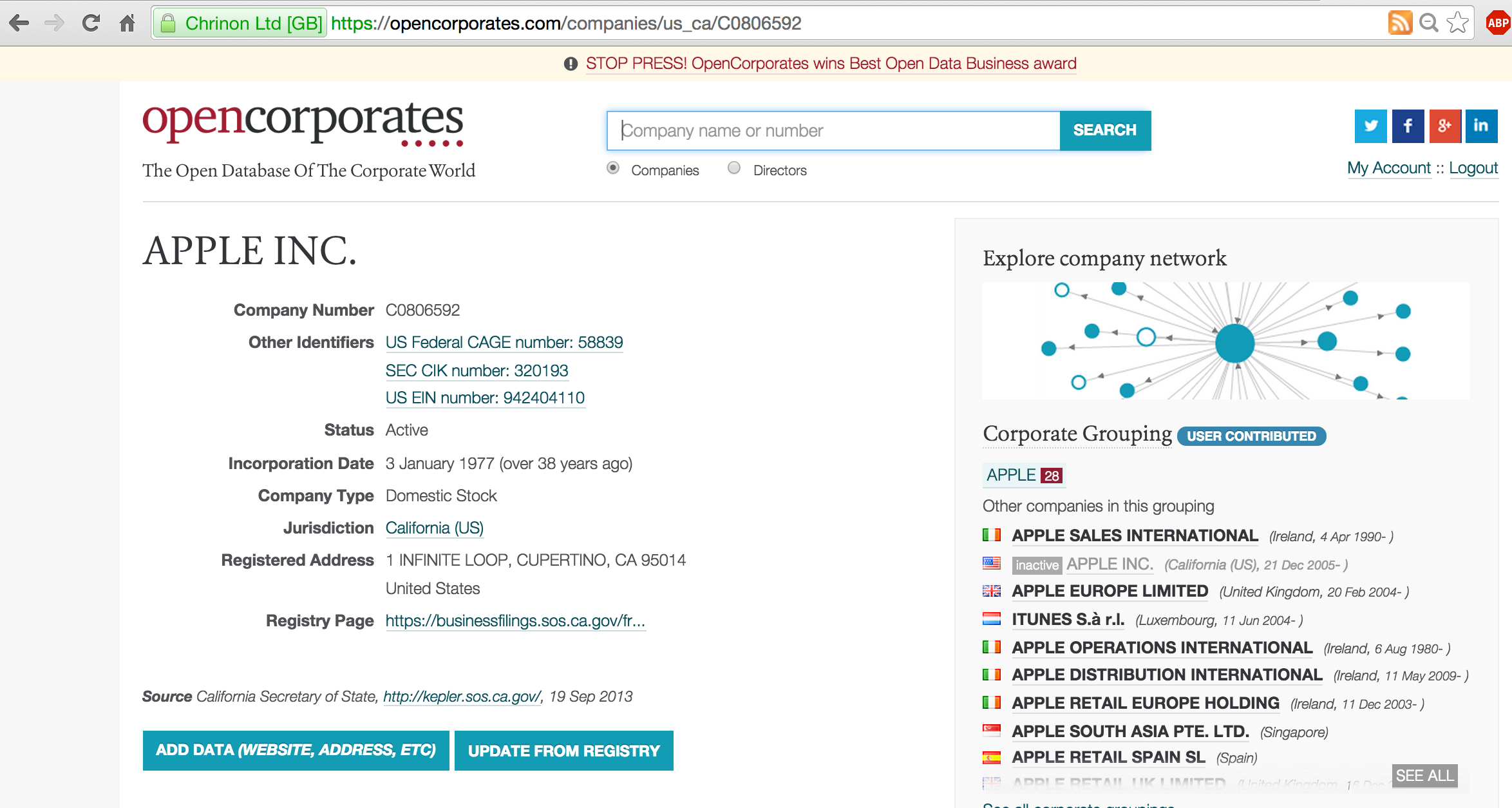 Анализ структуры холдинга Apple с отображением дочерних компаний и связей в британской системе OpenCorporates