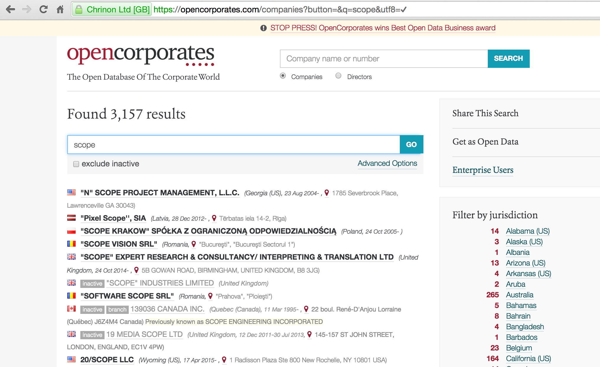 Поиск компаний с фильтрацией по юрисдикциям в информационно-аналитической системе OpenCorporates