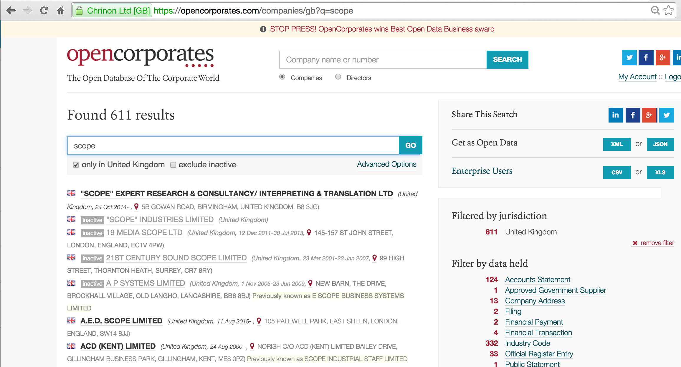 Поиск компаний по ключевым словам в реестре Великобритании в системе анализа корпоративных данных OpenCorporates