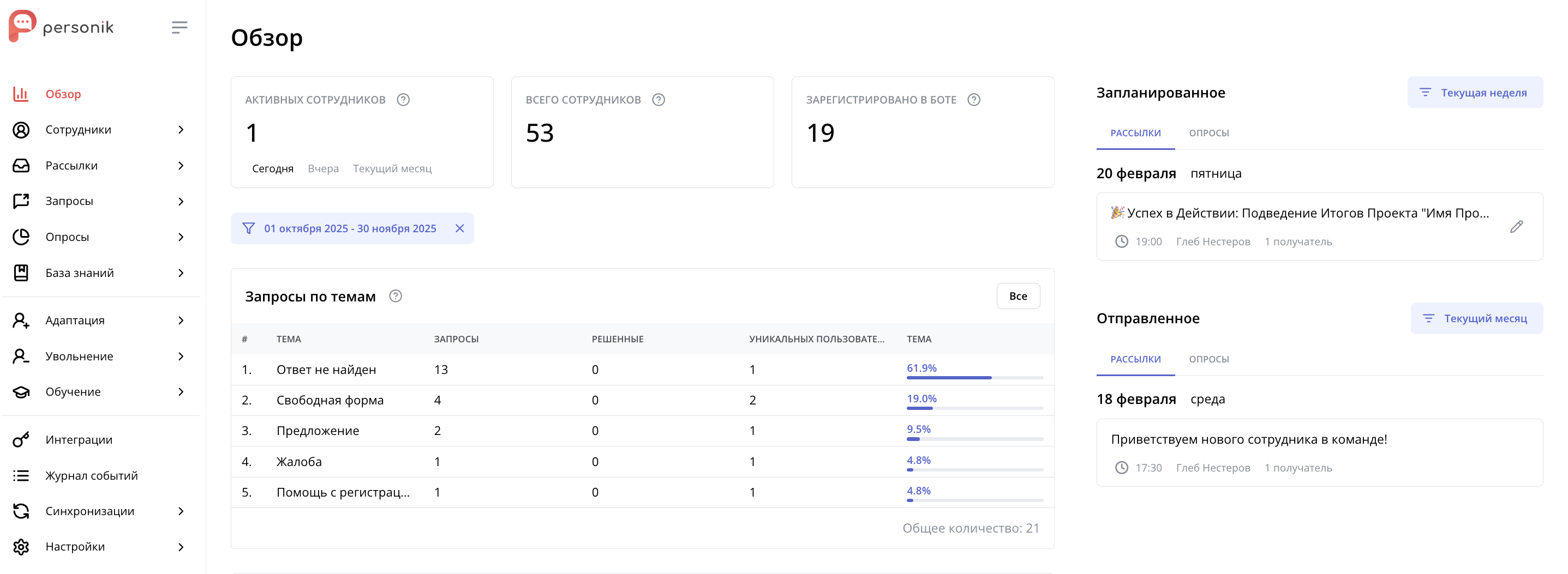 Анализ HR-запросов сотрудников и планирование рассылок в чат-боте для управления персоналом Personik