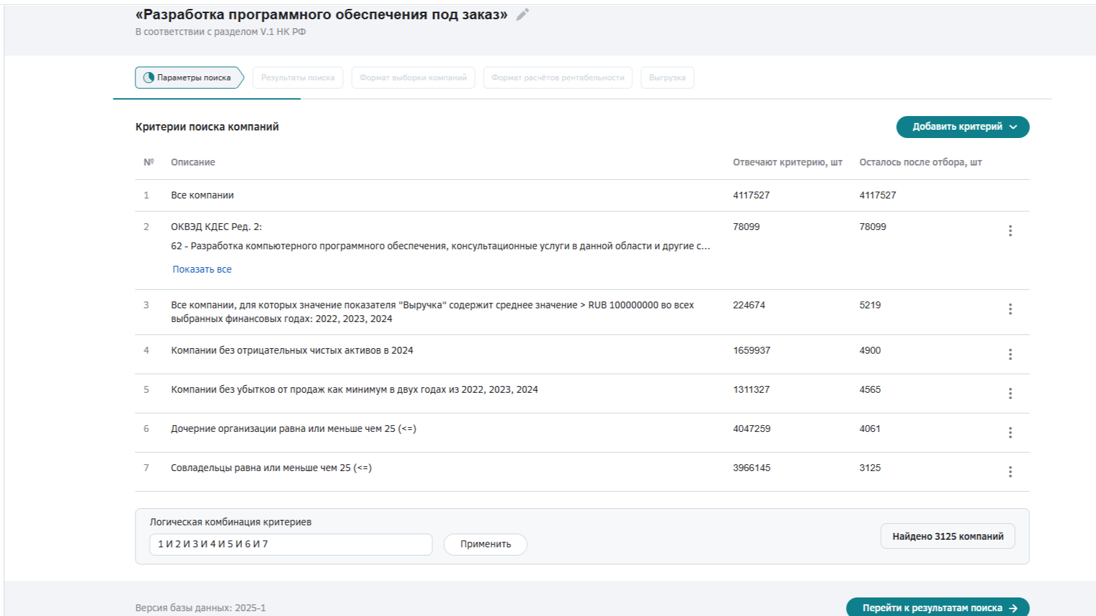 Фильтрация ИТ-компаний по финпоказателям и структуре владения в модуле поиска СБАР