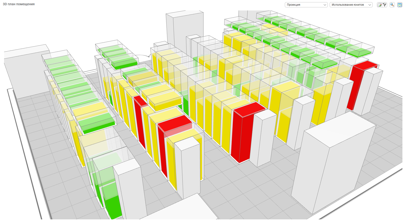 Визуализация 3D-модели машинного зала с размещением ИТ-оборудования в функционале СДИ Базис