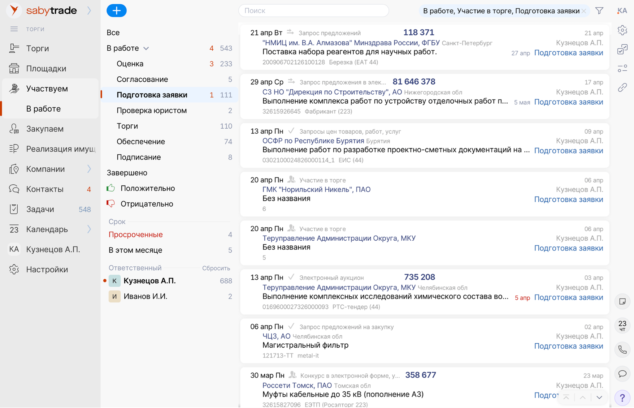 Мониторинг тендеров и управление этапами участия (от оценки до подачи заявки) в Saby Trade