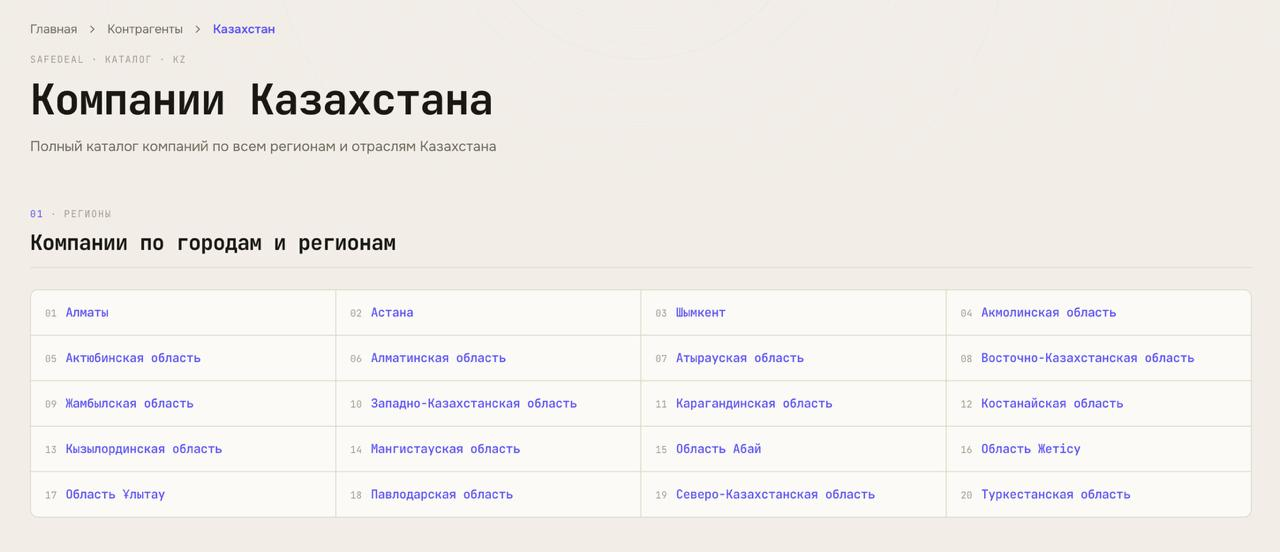 Выбор региона для поиска и анализа компаний в каталоге контрагентов сервиса SafeDeal от компании-разработчика 7 SK