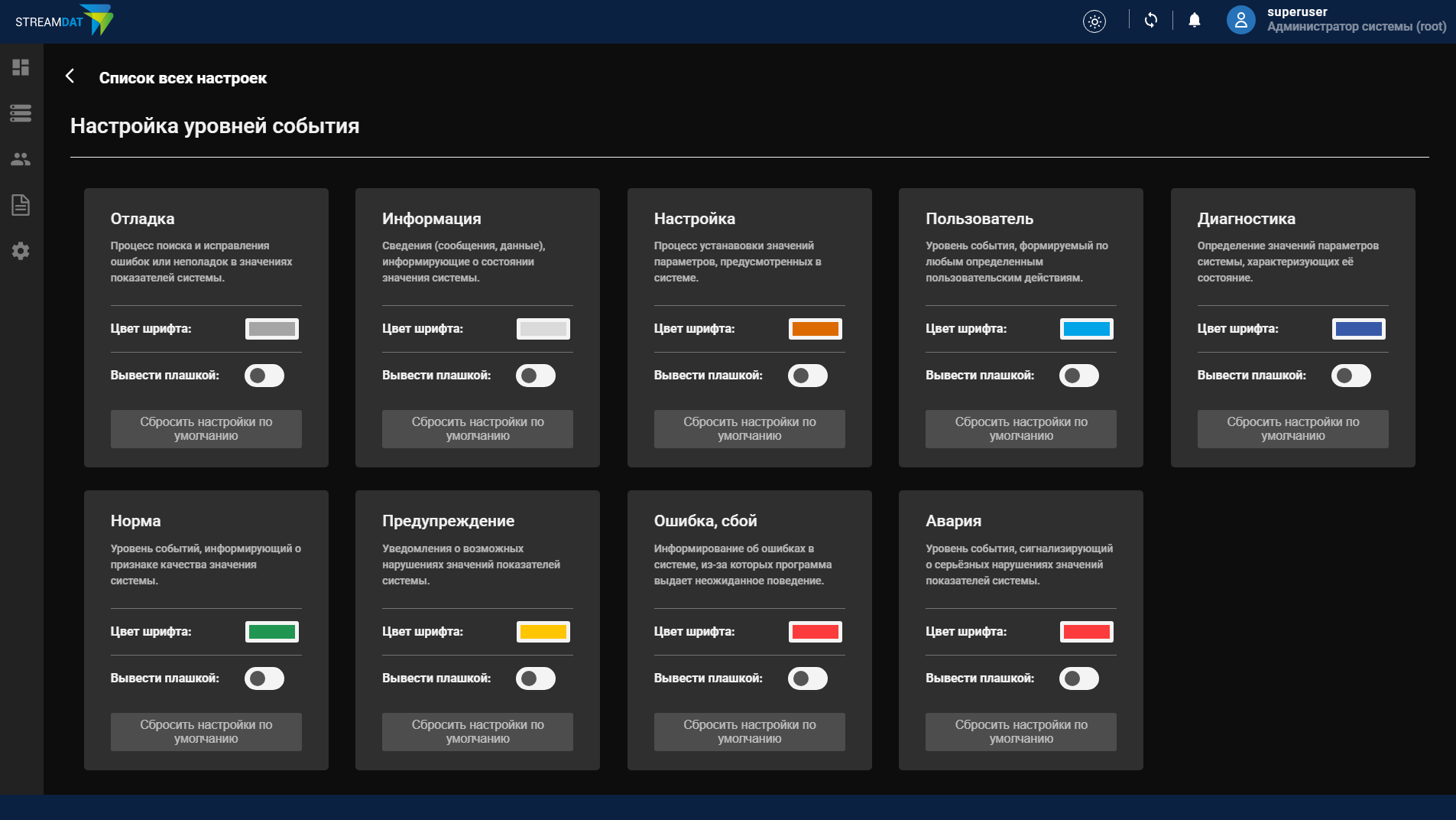 Настройка уровней событий и визуальных уведомлений в информационно-управляющей системе StreamDat