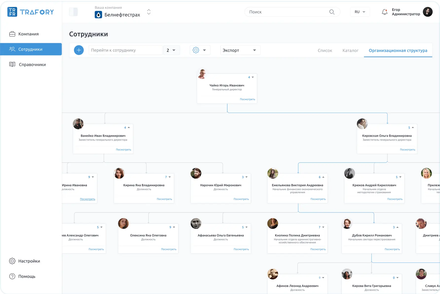Просмотр иерархии сотрудников и должностей в системе для управления корпоративным обучением Trafory