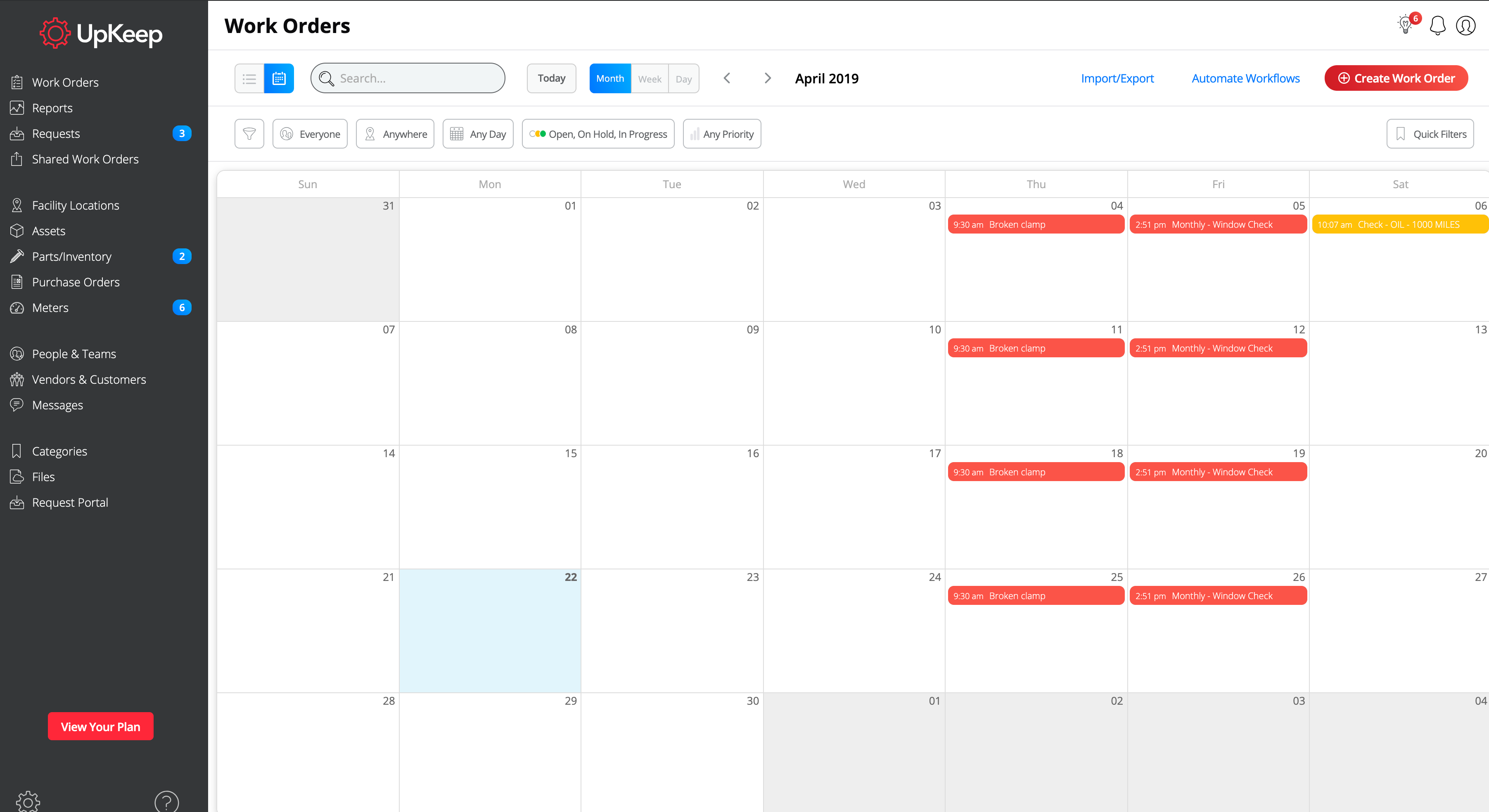 Просмотр нарядов на работы в календарном плане в программном сервисе UpKeep
