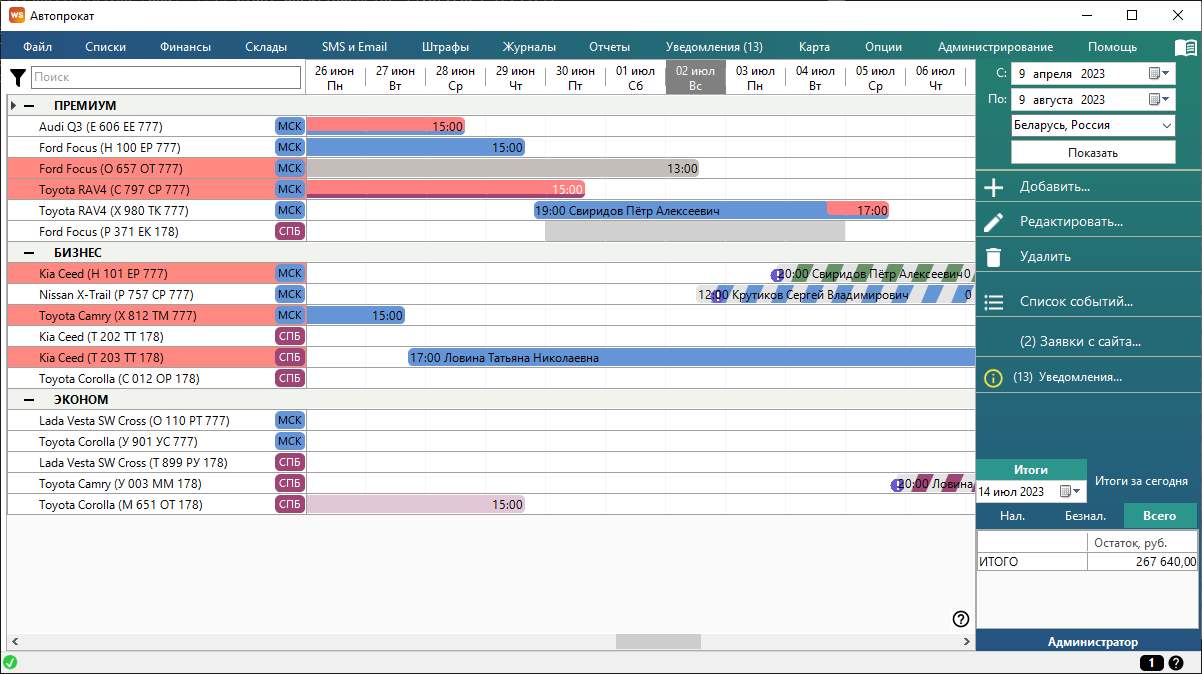 Управление бронированиями автомобилей и арендными операциями в системе WS. Автопрокат