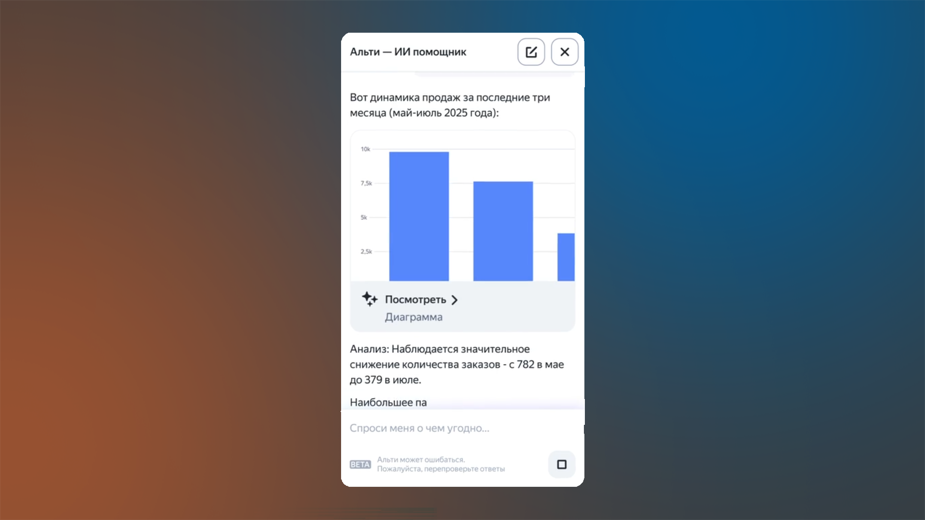 Анали статистики торговли на платформе Яндекс KIT при помощи ИИ-помощника Альти